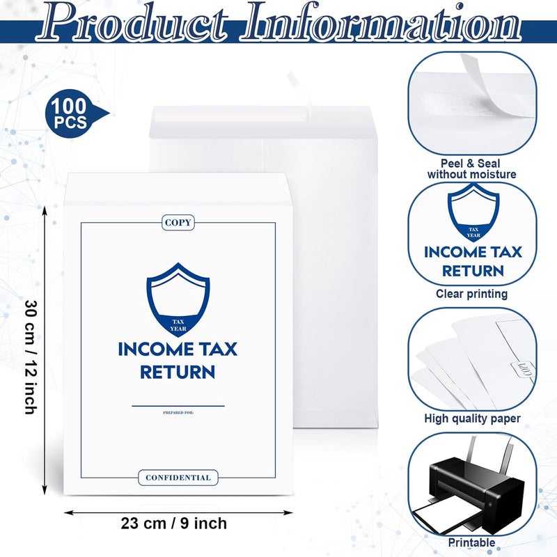 Engrowtic 200 Pcs Income Tax Return Envelope for Tax Preparers 9 x 12 Inches Open End Security Envelopes for Office Business Legal Documents Catalog Paper Mailing, White - Image 2